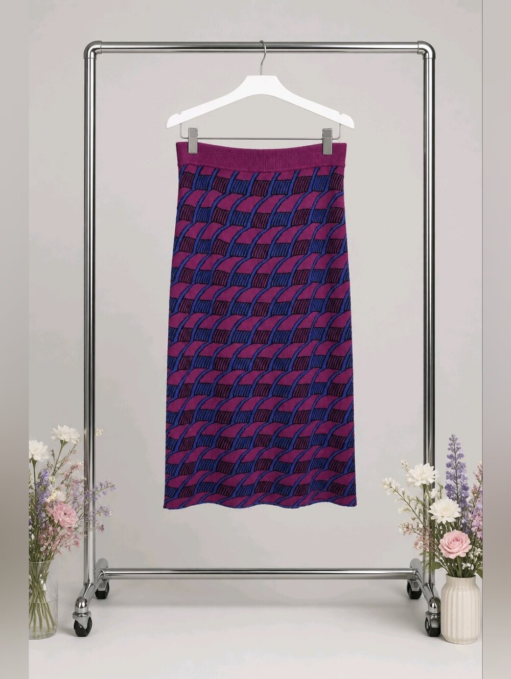 Anthro... Maeve Purple and Blue Geometric Knit Midi Skirt Sz Small